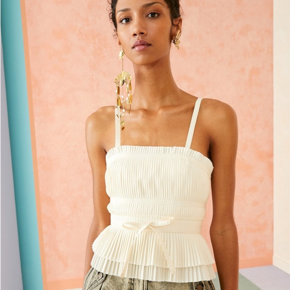 NEW Ulla Johnson Bea Bow-detailed pleated cotton-poplin peplum top size 8